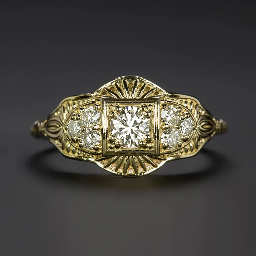 VINTAGE STYLE DIAMOND RING COCKTAIL FILIGREE 14k YELLOW GOLD NATURAL ROUND CUT