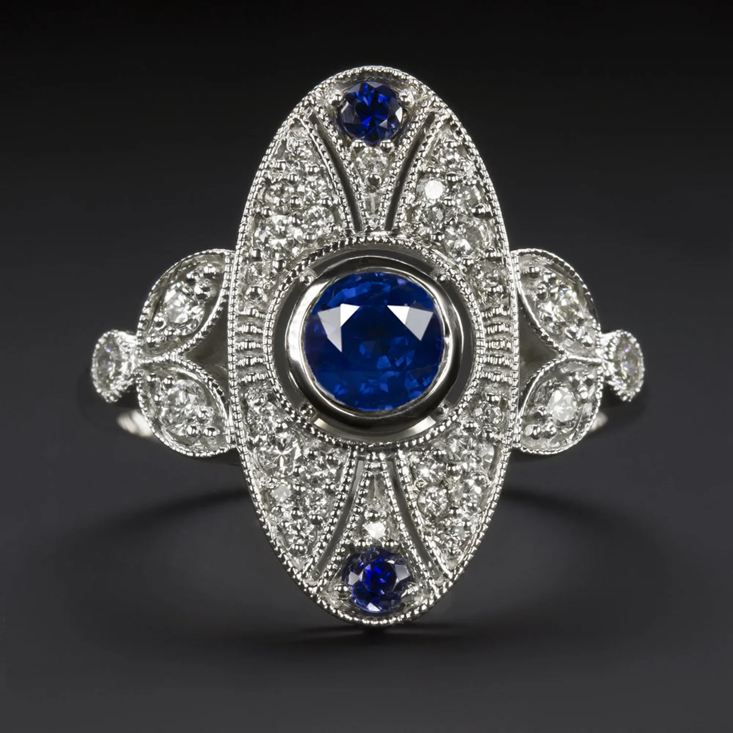 VINTAGE STYLE DIAMOND SAPPHIRE COCKTAIL RING EDWARDIAN OVAL 10k WHITE GOLD BLUE
