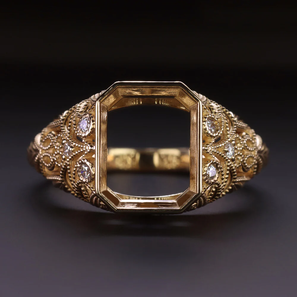 VINTAGE STYLE EMERALD CUT RING SETTING NATURAL DIAMOND FILIGREE DOME YELLOW GOLD
