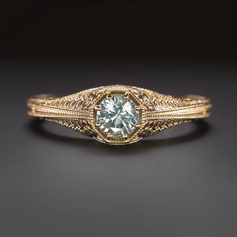 VINTAGE STYLE MONTANA SAPPHIRE SOLITAIRE RING NO HEAT 14k YELLOW GOLD FILIGREE