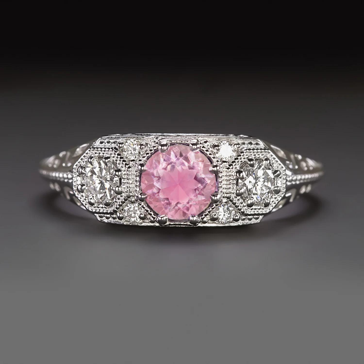 VINTAGE STYLE PINK TOURMALINE DIAMOND 3 STONE RING PLATINUM NATURAL ART DECO
