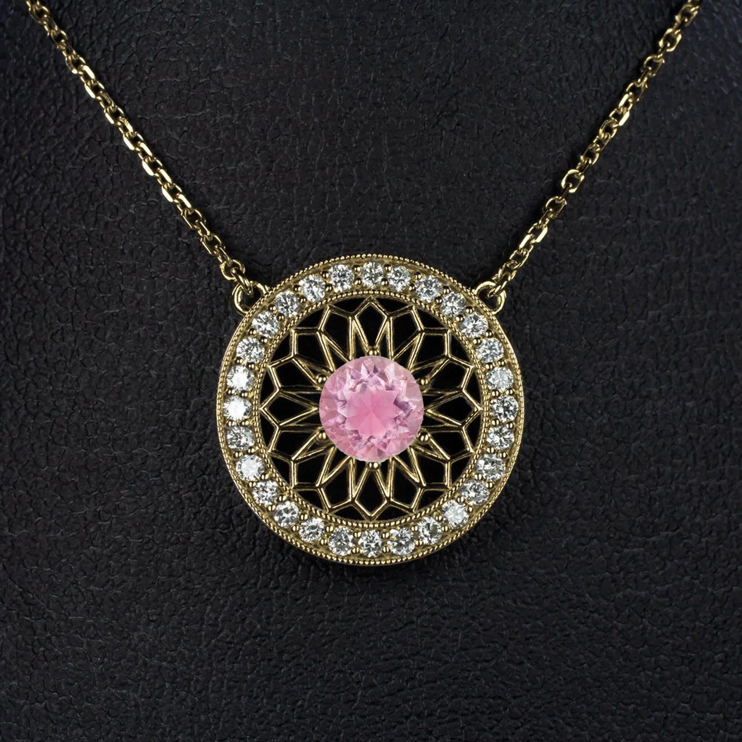 VINTAGE STYLE PINK TOURMALINE DIAMOND FILIGREE HALO PENDANT NECKLACE 10k GOLD