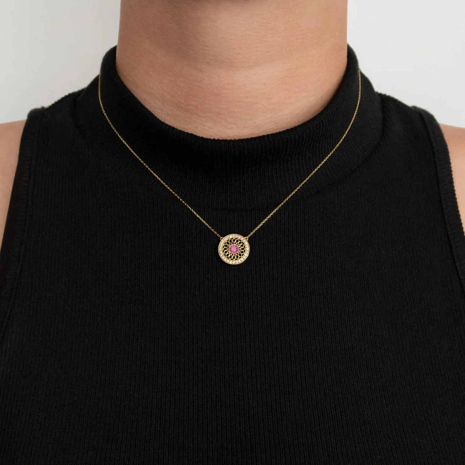 VINTAGE STYLE PINK TOURMALINE DIAMOND FILIGREE HALO PENDANT NECKLACE 10k GOLD - Image 2