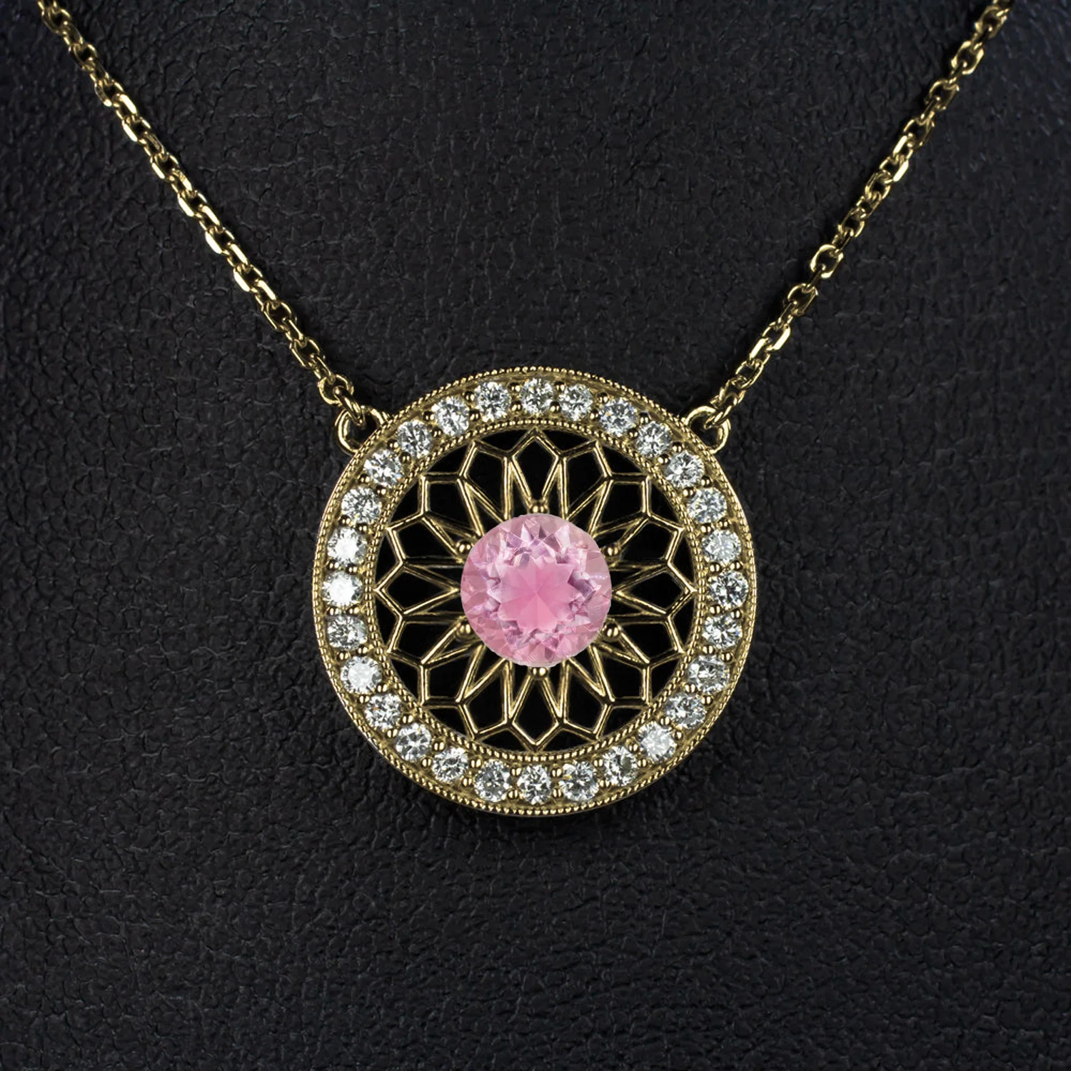 VINTAGE STYLE PINK TOURMALINE DIAMOND FILIGREE HALO PENDANT NECKLACE ART DECO