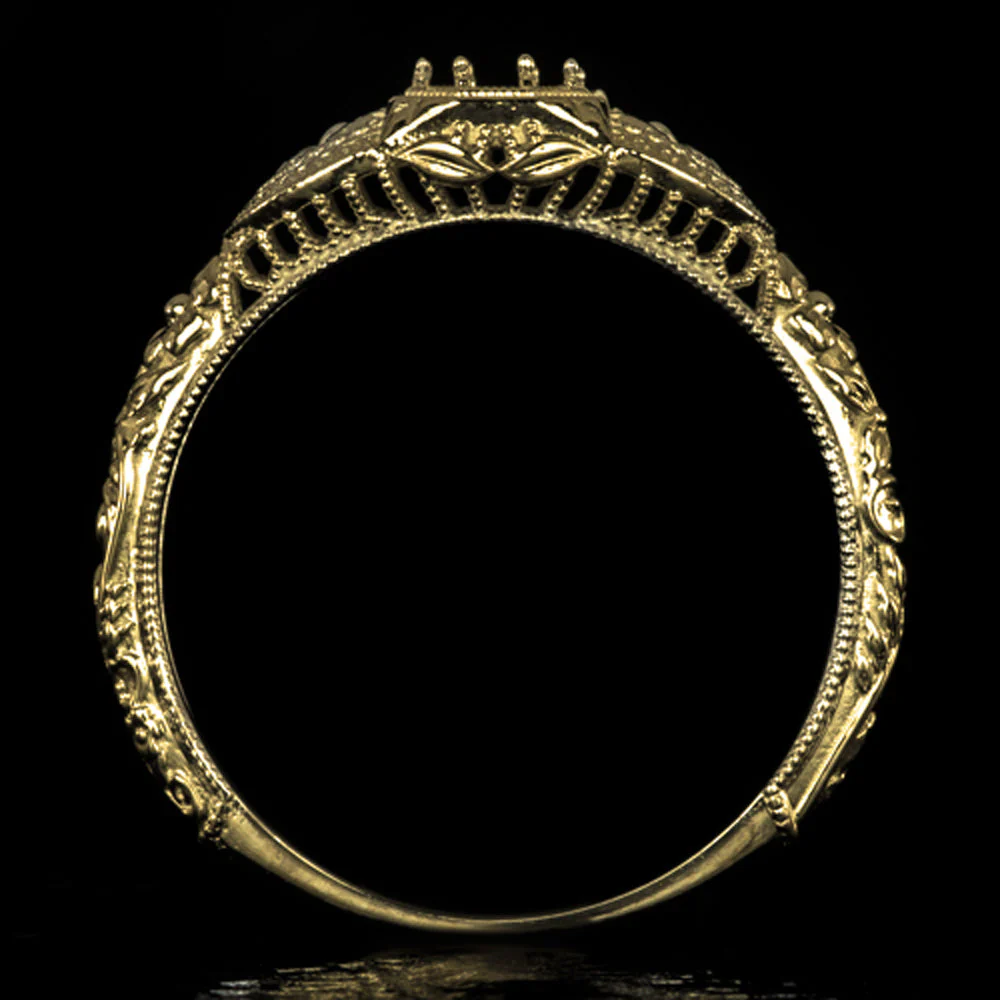 VINTAGE STYLE RING SETTING 14k YELLOW GOLD ART DECO FLORAL FILIGREE ENGRAVING - Image 3