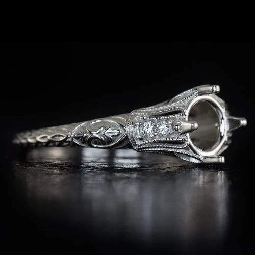 VINTAGE STYLE ROUND DIAMOND MOUNT ENGAGEMENT RING SETTING WHITE GOLD ART DECO - Image 3