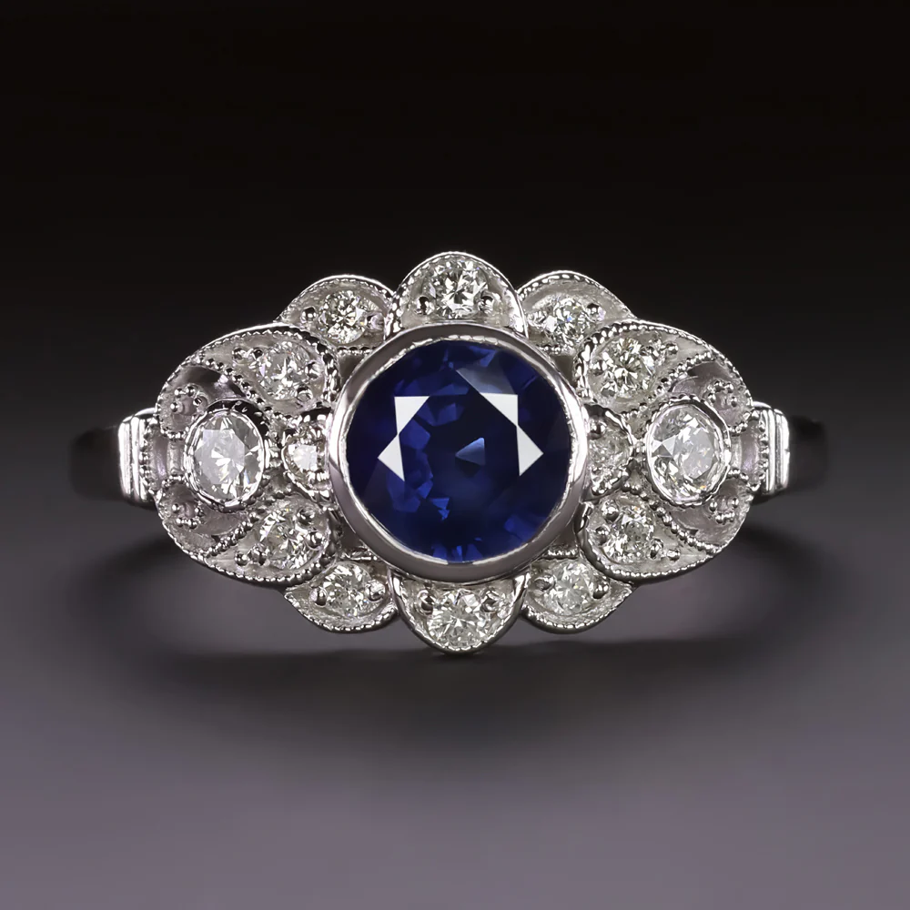 VINTAGE STYLE SAPPHIRE DIAMOND COCKTAIL RING 10k WHITE GOLD NATURAL ENGAGEMENT