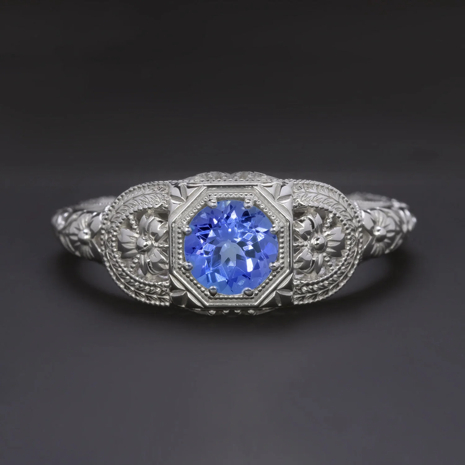 VINTAGE STYLE TANZANITE PLATINUM RING FLORAL ART DECO SOLITAIRE BLUE